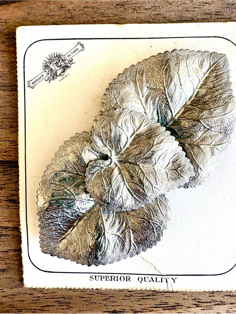 Vintage Made in Paris Silver Botanical Leaf buckle New on Card Rare!!!